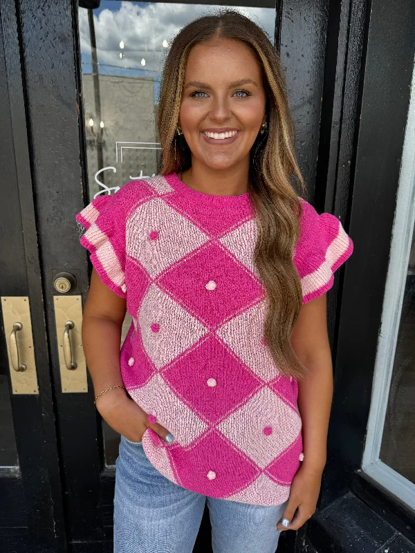 Fuchsia & pink pattern short sleeve sweater Cozy Women's Sherpa - lined