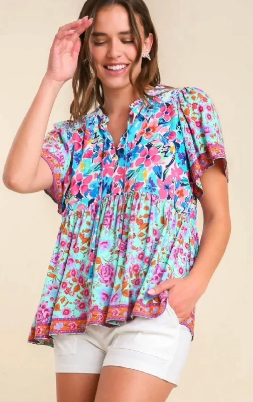 UMGEE Mint Mix Printed Smocked Shoulder Top Earthy Women's 