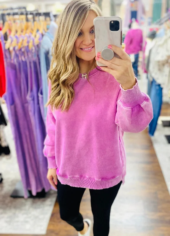 Acid Wash Fleece Hi Lo Hem Sweatshirt Candy Pink Earthy Women's 