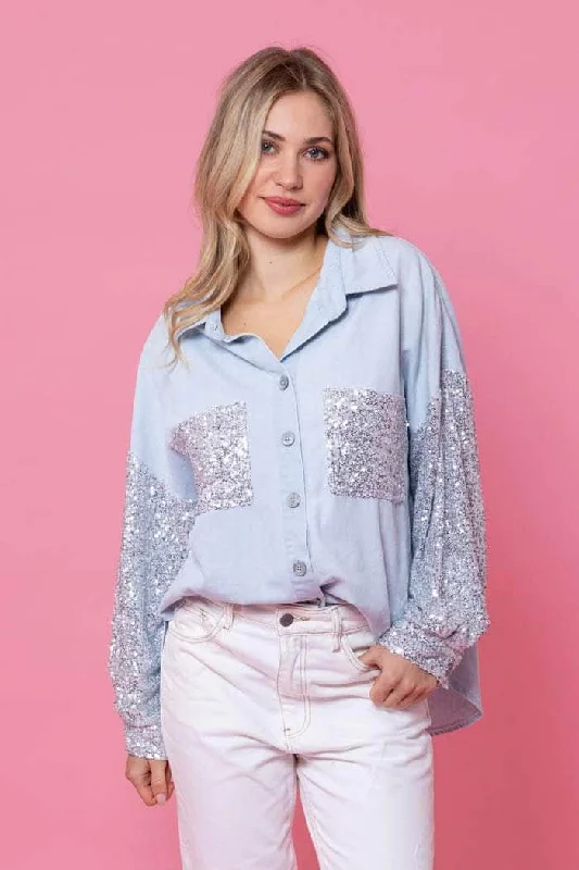 Bobbie Denim Shirt Silver Sequin Dapper Women's 1920S