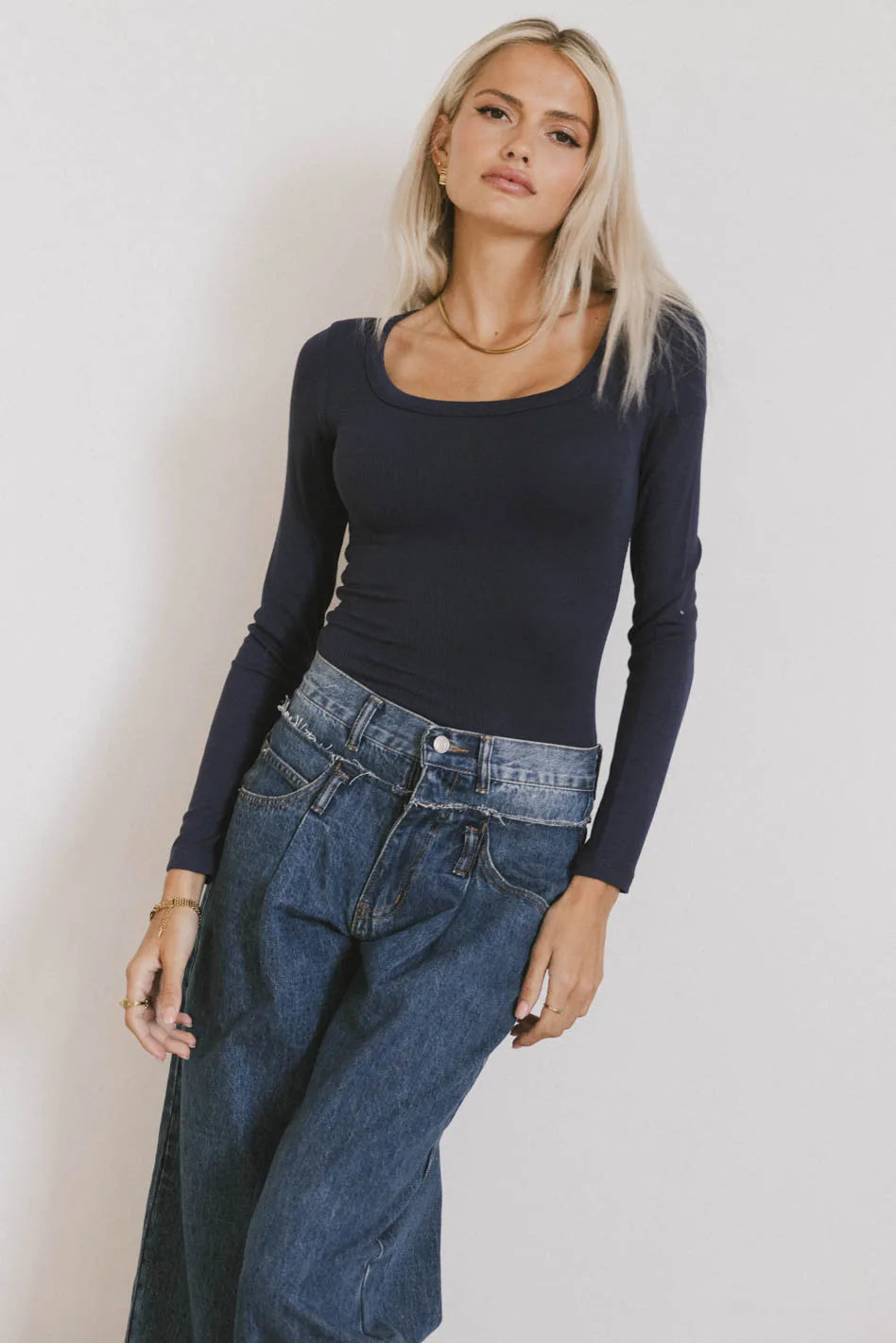 Audrey Ribbed Top in Navy Country