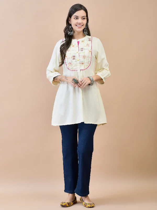 Women Liva (Rayon) Off White Embroidered Tunic Business