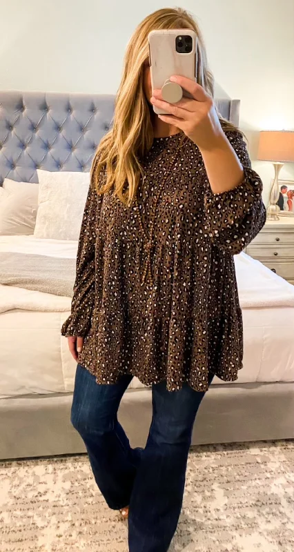 Mocha Dotted Ruffle Top Traditional Women's 