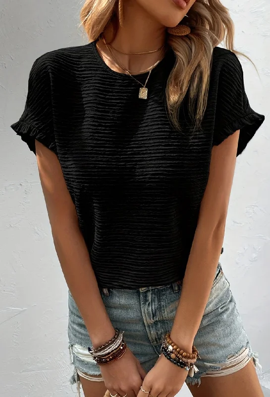 Black Textured Ruffle Sleeve Top Athletic Women's 