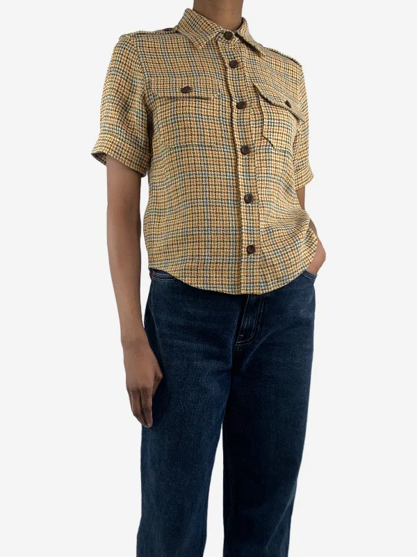 Brown short-sleeved checkered flax shirt - size UK 4 Earthy Women's 