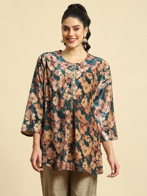 Women Teal Floral Print Tunic Sophisticated Women's 