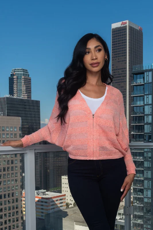 Zip Front 3/4 Sleeve Light Knit Dolman V-Neck Top (146000) Disco