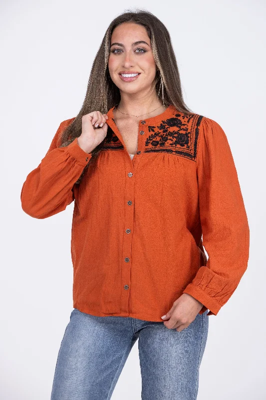 Flowers of the Desert Women's Embroidered Floral Long Sleeve Top Classic Women's Pin - striped