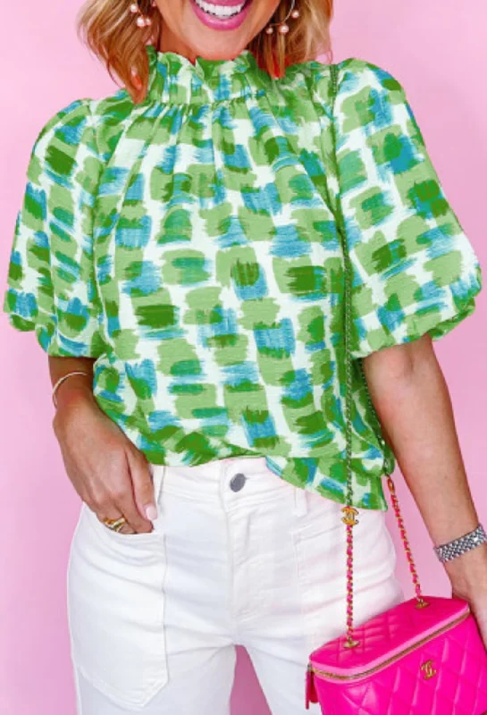 Green Blue Button Back Puff Sleeve Top Casual Women's Loose - fitting